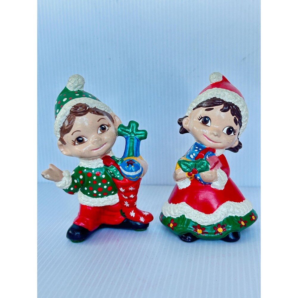 Vintage Style Ceramic Christmas Elf & Girl Pair, Retro Mid Century Holiday Decor